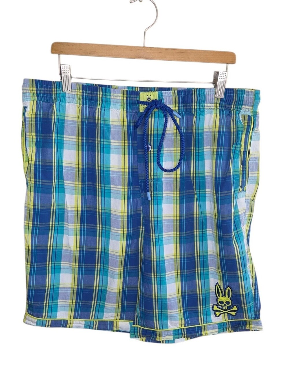 Psycho Bunny Blue Yellow White Plaid Lounge Shorts Size XL Cotton Casual Comfy